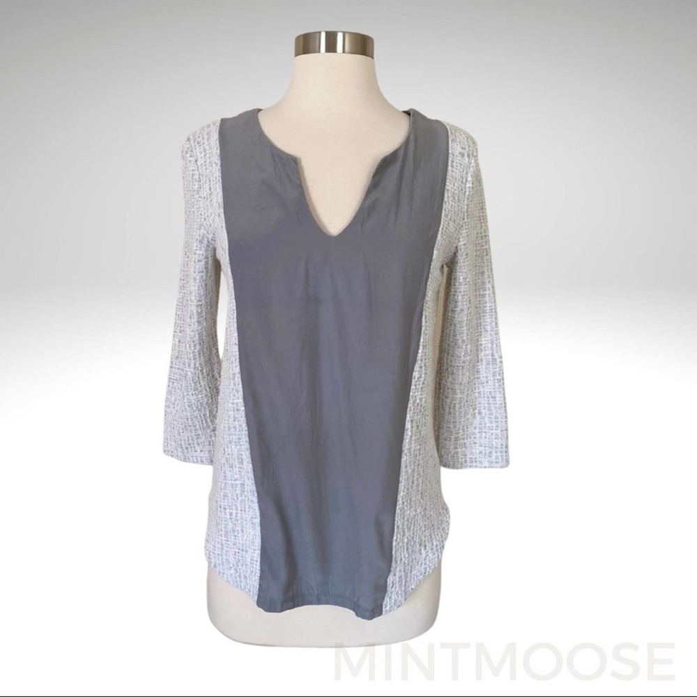 SOLD ANTHROPOLOGIE AMADI Boucle Tweed and Silk Panel 3/4 Sleeve Top Size Small